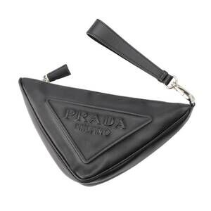 Prada Triangle Logo Leather Clutch Pouch Shoulder Bag Black
